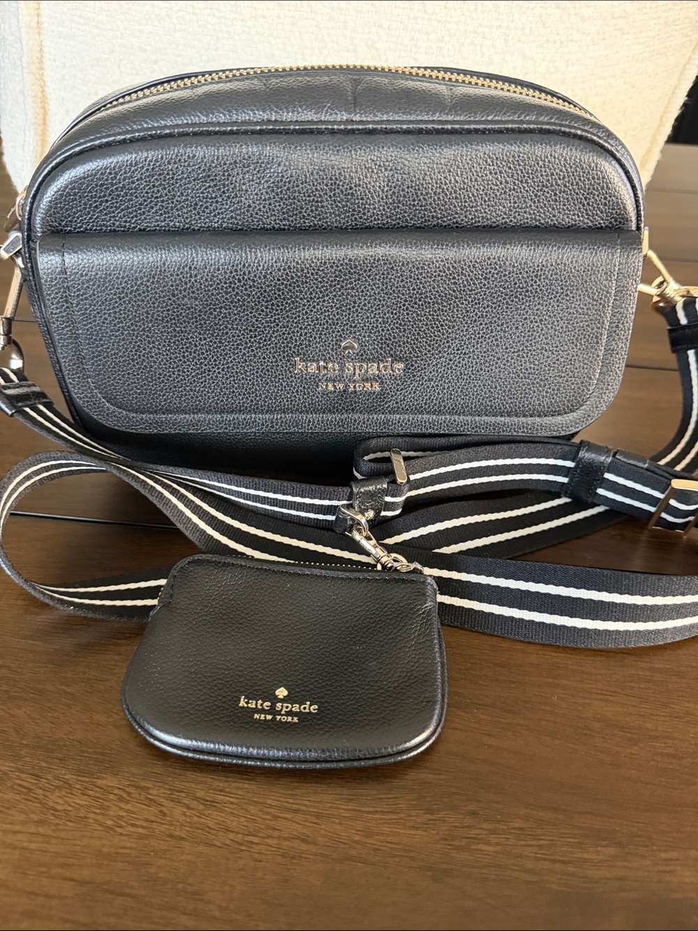 kate spade Black Pebbled Leather Crossbody Camera Bag with Coin Pouch